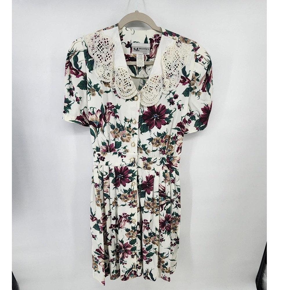 S.L. Petites Vintage Floral Lace Collar Button Front Dress White Purple 6P